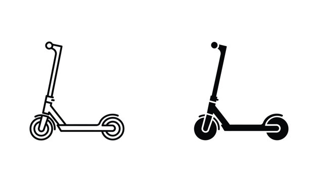 Modern electric scooter icon set featuring lightweight urban transport vehicle in both outline and solid black silhouette styles for micro-mobility graphic design projects