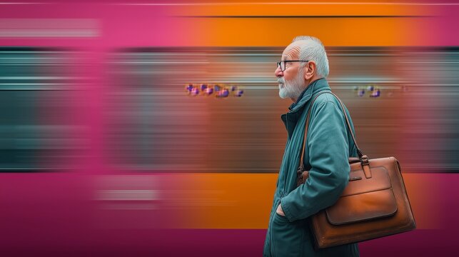 An elderly man walks along a platform as a train speeds by. He carries a brown bag and wears glasses. The scene takes place during the day in a city full of activity