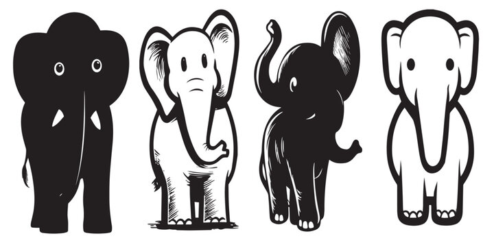 A graphic illustration of four stylized elephants in different shades of black and white standing on a plain white background perfect for design use.