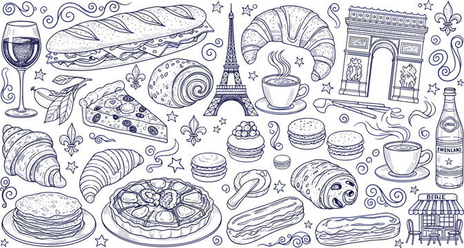 Vintage Blue Line Art France Travel Vector Set Featuring Eiffel Tower Pastries Wine and Iconic Parisian Landmarks