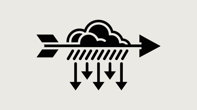 Black arrow cloud releasing smaller directional raindrops &ndash; Ideal for trickle-down economics, knowledge sharing, or systematic supply.