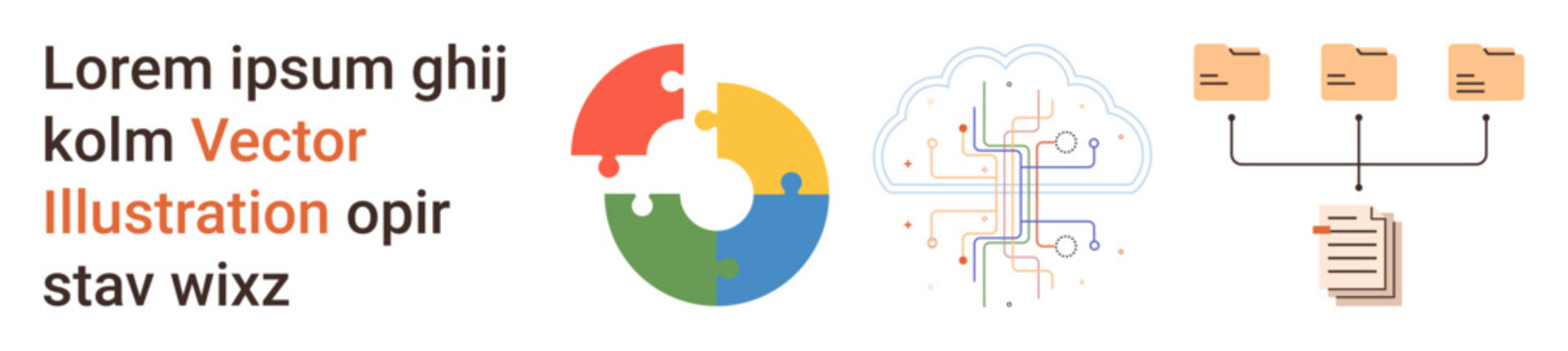 Data management, cloud computing, workflow design, digital integration, analytics, and storage. Colorful puzzle chart, digital cloud with circuits folder and document hierarchy. Data management