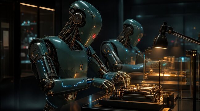 Futuristic humanoid robots working on electronic components in a dark high tech laboratory.