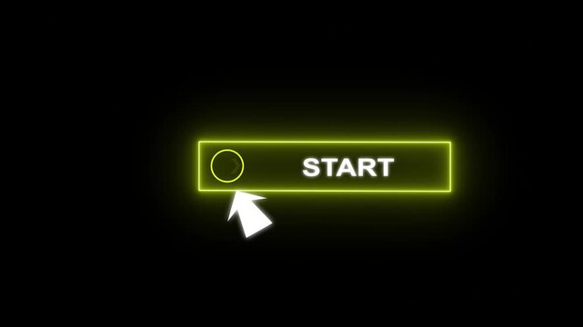 Glowing neon red color white text cursor animation pointing towards start button in looping with transparent background.