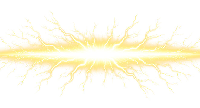 Bright golden lightning bolt explosion with glowing electric sparks on a transparent background