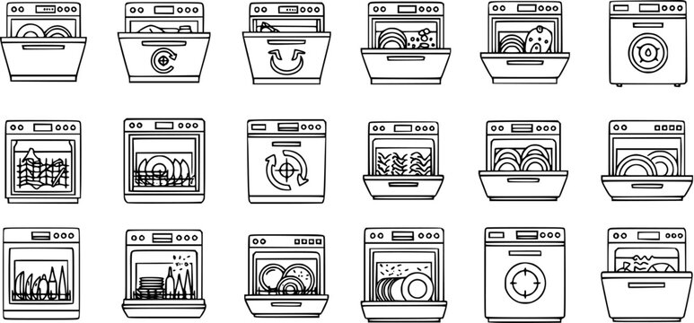 Household Appliances Dishwasher Black and White Line Art Icons Set - Cleaning and Kitchen Technology
