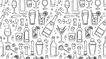 Monochrome alcohol beverage seamless vector pattern with drink line illustrations