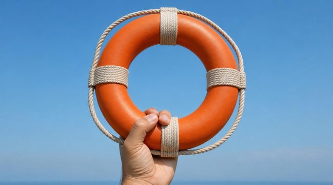 Hand holding a bright orange lifebuoy against a clear blue sky.
