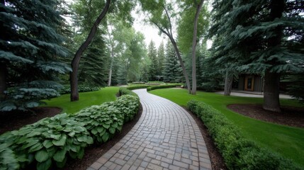 Fototapeta premium Lush Green Pathway Through Dense Tree Line in Calm Tranquil Garden Setting for Relaxation and Nature Appreciation