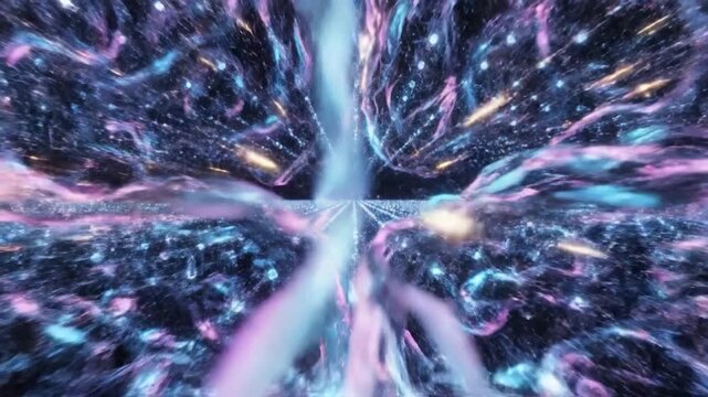 Abstract cosmic tunnel with colorful glowing particles and energy lines, representing a futuristic wormhole or hyperspace travel in a dark digital space.