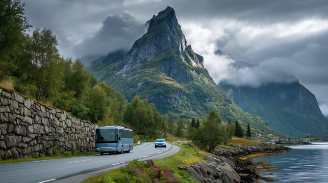 Bus driving along a scenic coastal road in Norway with dramatic mountains, fjord landscape and cloudy sky. Beautiful Nordic travel destination with nature, adventure and transportation concept