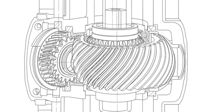 Industrial engineering blueprint of mechanical gear system assembly