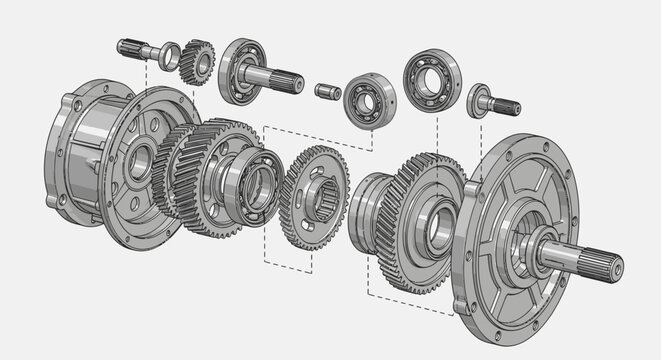 Industrial gearbox components in exploded view technical illustration