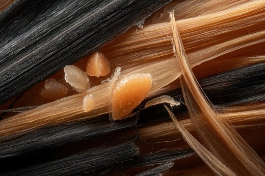 Hair strand macro cuticle damage split end fiber texture brown hair black hair damaged hair close up of damaged brown and black hair strands with split cuticle and rough fiber texture showing
