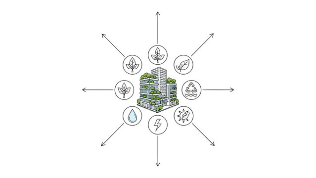 Eco-Friendly Architecture Concept: A visionary concept of eco-friendly architecture showcases a modern building integrated with nature and sustainable elements.