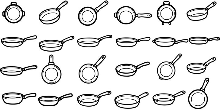 Black and White Line Art Collection of Assorted Frying Pans and Skillets for Cooking