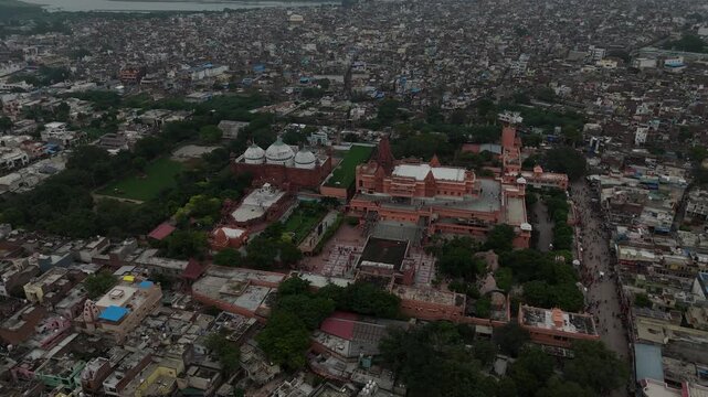 Aerial view of Shri Krishna Janmabhoomi Temple and Idgah Mosque of Mathura, India.