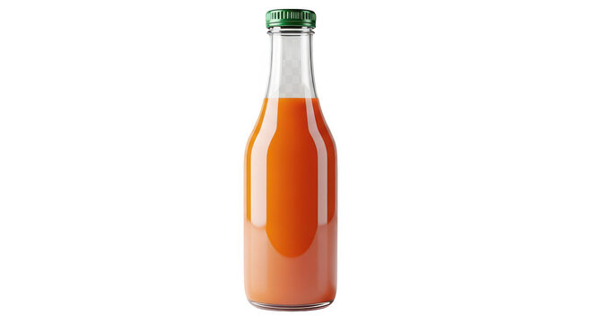 Glass bottle with orange liquid and green cap on a plain background