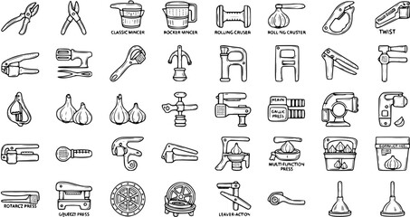 Fototapeta premium Black and White Line Art Icons of Kitchen Gadgets for Food Preparation and Cooking