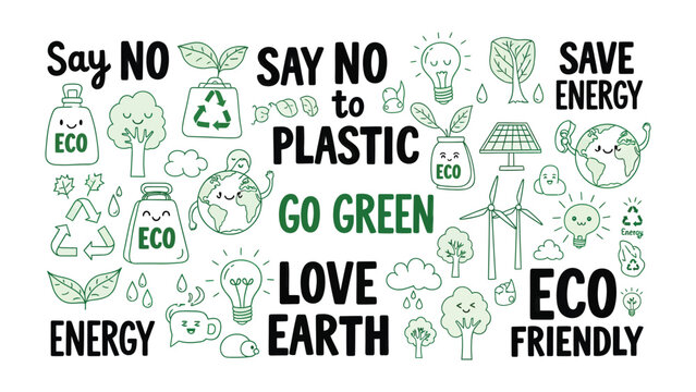 Eco-Friendly Message: A collection of charming, hand-drawn icons and lettering promoting eco-consciousness and a greener planet. Spreading the message of environmental protection