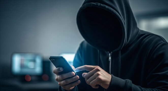 Man hacker in hood using smartphone for cyber attack. Criminal stealing digital data on mobile device. Internet security fraud, online identity theft, cybercrime criminal activity concept.