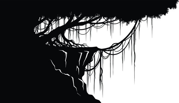Silhouette of hanging vines and cliff on transparent background jungle nature vector.