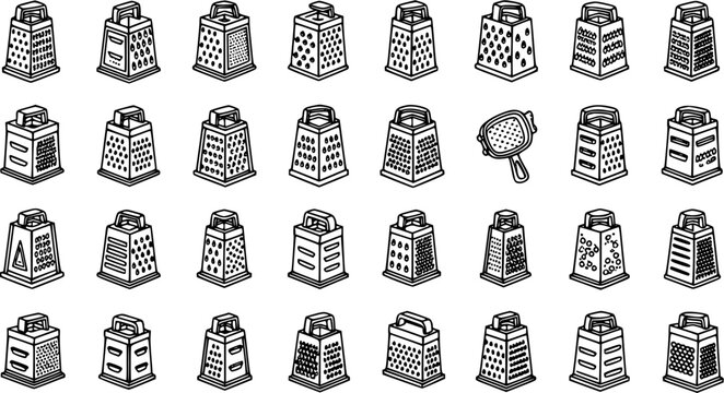 Food Preparation Kitchen Graters Line Art Icons Set. Collection of various outline black and white cooking tools for shredding, grating, and zesting ingredients.