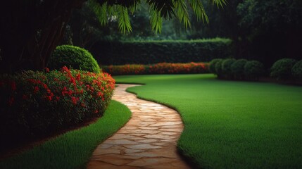 Fototapeta premium Serene Garden Pathway Surrounded by Lush Greenery and Vibrant Flowers in Tranquil Landscape Setting