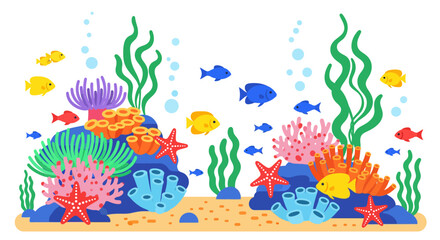 Fototapeta premium Vibrant coral reef ecosystem bustling with diverse marine life and colorful fish gracefully swimming through an underwater wonderland, showcasing healthy ocean biodiversity