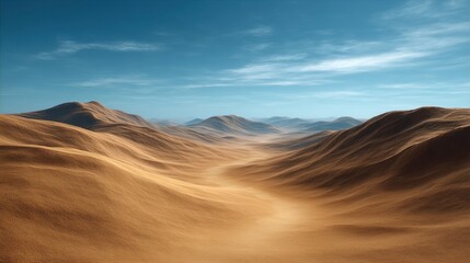 Obraz premium Vast Desert Landscape Under a Clear Blue Sky with Gentle Rolling Sand Dunes and a Tranquil Pathway Winding Through the Scenery