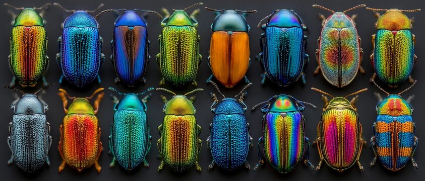 A collection of colourful leaf-eating beetles provides a striking visual backdrop for articles on entomology and biodiversity.
