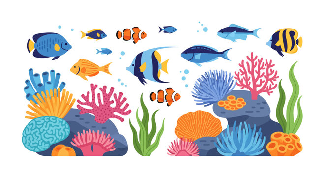 Vibrant tropical coral reef ecosystem teeming with diverse colorful fish and intricate sea plants, a dynamic marine underwater habitat illustration