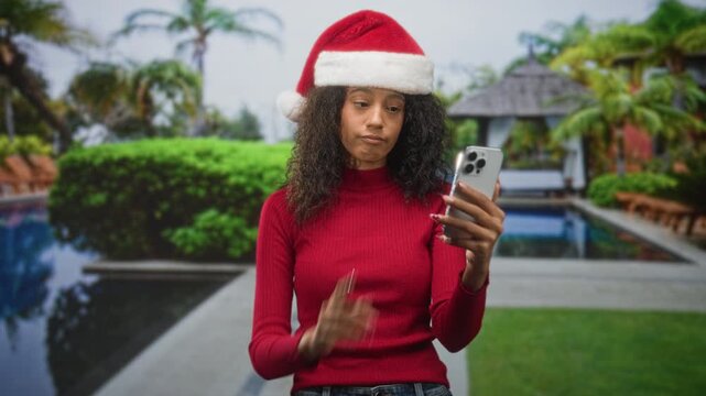 Woman holding smartphone and scrolling with finger, wearing santa hat and red sweater by resort pool; holiday boredom.