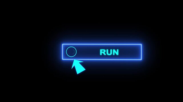 Glowing neon blue color white text cursor animation pointing towards run button in looping with transparent background.