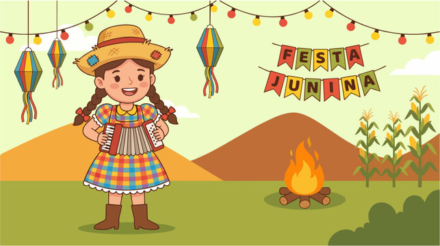 Cartoon farmer character in caipira outfit, Festa Junina theme, vector illustration