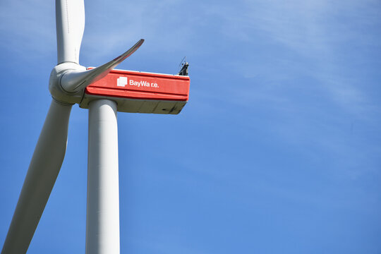 Edemissen, Germany - August 11, 2024: BayWa r.e. Wind turbine near Edemissen - BayWa r.e. is a global renewable energy developer, service provider, and solar distributor, part of the larger BayWa AG