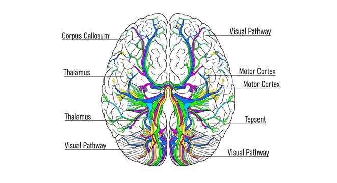 Colorful Brain Anatomy Diagram Showing Visual Pathway Thalamus Motor Cortex