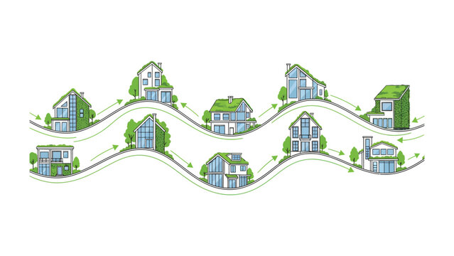 Eco-Friendly Residential Landscape: Modern, eco-friendly homes nestle along a gentle, undulating path, harmoniously integrated with the surrounding environment, representing sustainable living.