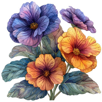 Polyanthus Flower, vibrant painting vector in watercolor style with playful brushwork and lively colors, isolated on a white background.