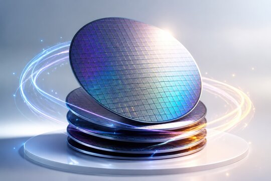Futuristic stacked discs with glowing light trails and holographic surface in abstract 3D technology background