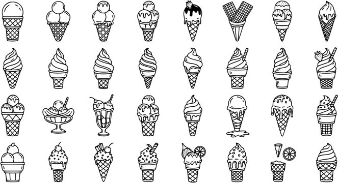 Food and Dessert Industry Black and White Line Art Ice Cream Icon Set. Hand-drawn Outline Collection of Summer Treats, Cones, Cups, and Sundaes.