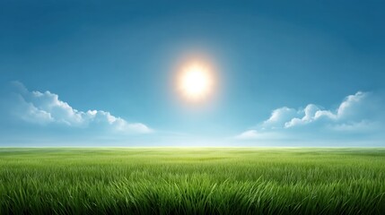 Fototapeta premium Bright Sun Over Lush Green Grass Field Under Clear Blue Sky with Soft White Clouds in Background Creating a Peaceful and Serene Landscape Atmosphere