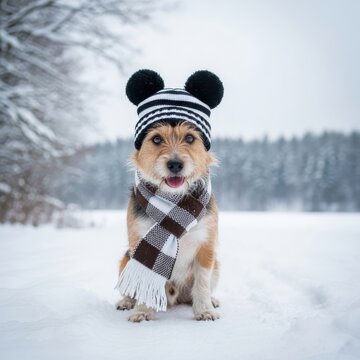 Cute small dog wearing striped hat with pom poms and plaid scarf sitting in snowy field with blurred forest background.