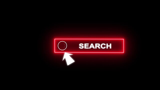 Glowing neon blue color white text cursor animation pointing towards search button in looping with transparent background.