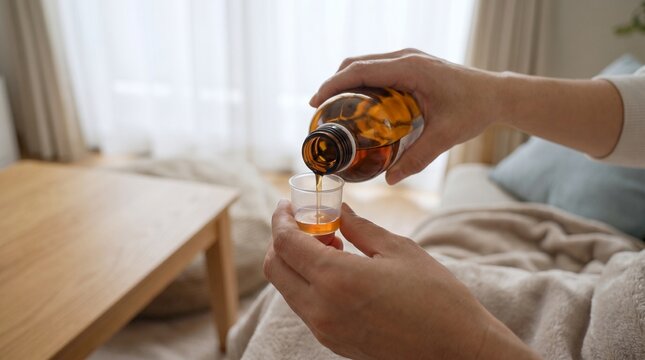 Person pouring cough syrup into a small measuring cup at home