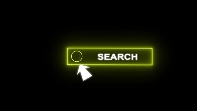Glowing neon blue color white text cursor animation pointing towards search button in looping with transparent background.