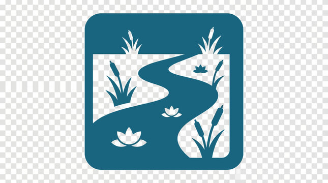 Clean solid color flat vector icon depicting a winding river through a natural landscape, adorned with reeds and water lilies, ideal for eco and environmental themes