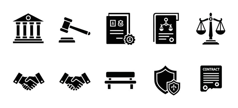10 Law icons gavel, scales of justice, courthouse, handshake and contract, outline solid styles, UI and web interface design