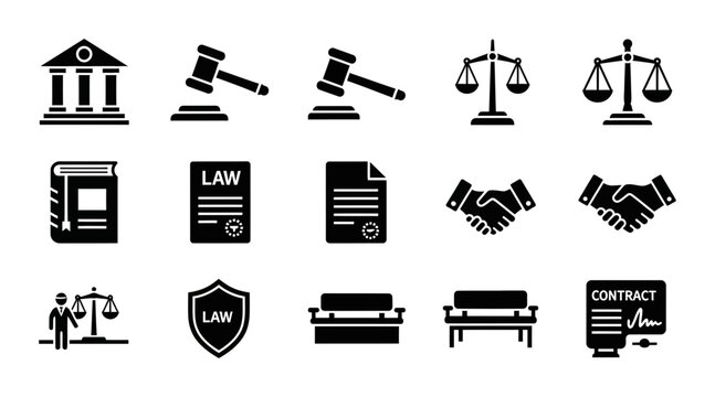 15 Law icons gavel scales courthouse book contract, outline solid styles, UI and web interface design