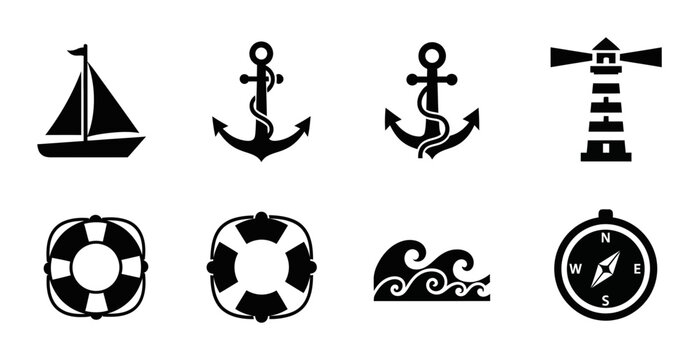 8 Nautical icons anchor sailboat lighthouse compass lifebuoy, outline solid styles, UI and web interface design